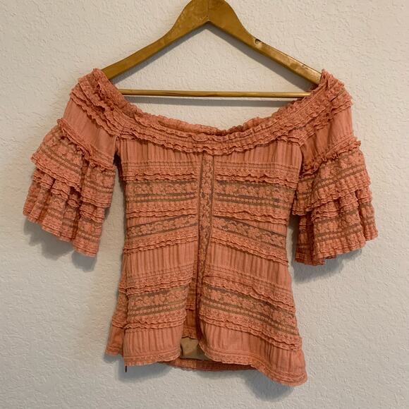 Cinq `a Sept Solene Peach Lace Off the Shoulder Ruffle Sleeve Blouse - Picture 7 of 8